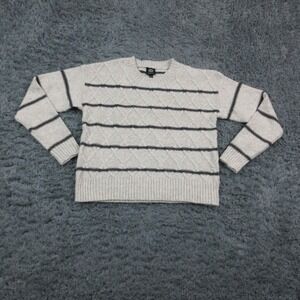 Bobeau Sweater Womens Small Gray Stripe Cable Knit Crew Neck Long Sleeve